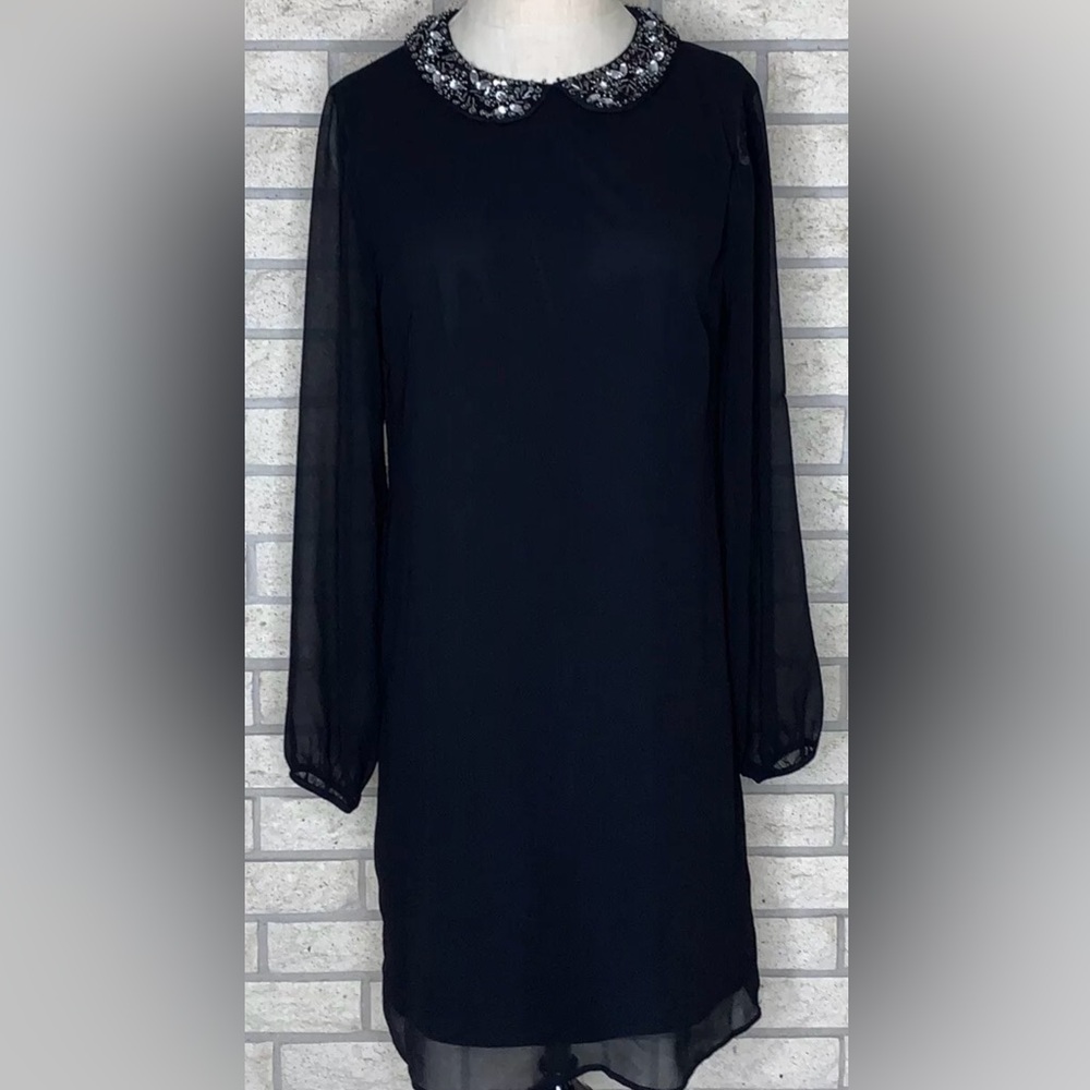 F & F Little Black Semi Sheer Beaded Peter Pan Collar Lined Shift Dress Size 4